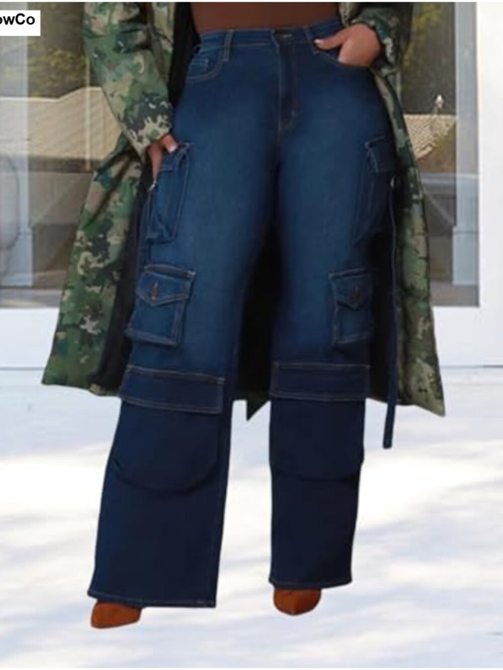 Wide Leg Cargo Jeans High Waisted Stretchy Baggy Denim Pants - Picture 4 of 6